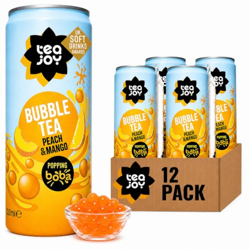 TeaJoy Bubble Tea Peach & Mango Flavour (12 x 330ml Cans) | Ready To Drink Boba Tea With Popping Boba Pearls & Real Juice | Eco-Friendly Paper Straw | Vegan, Refreshing & Fun Boba Tea | Sip. Pop. Joy