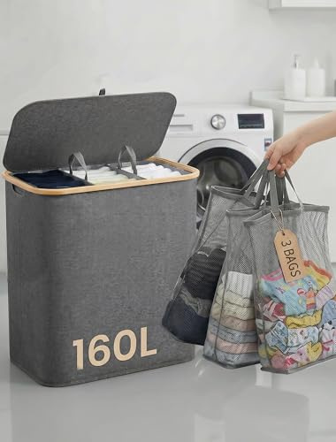 Laundry Basket with Lid 3 Compartments: Holds About 2 or 4 Loads of Washing | Keeps a Family of 4’s Weekly Laundry Clothes Towels and Blankets Neatly Contained Without Overflow