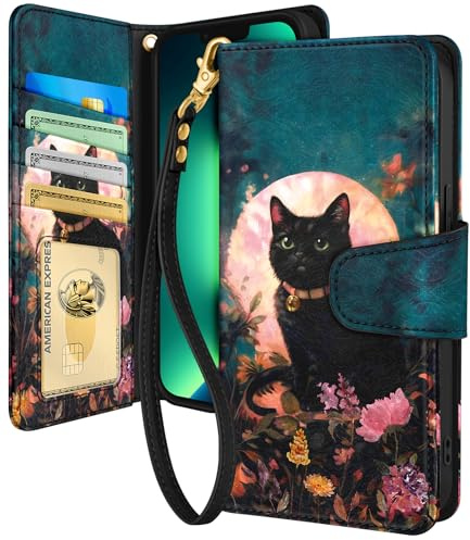 Toycamp for iPhone 13 Pro Max Wallet Case with Wrist Strap - Leather Flip Folio Phone Case with RFID Blocking 4 Card Holder for Apple for iPhone 13 Pro Max Funda Cute Aesthetic for Women, Paint Cat