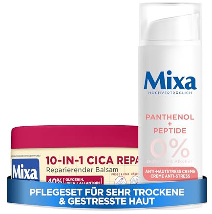 Mixa Intensiv-Regenerations Set – Anti-Hautstress Feuchtigkeitscreme & Urea Cica Repair 10-IN-1 Balsam – Pflege für gestresste Haut & extrem trockene, rissige Stellen – Gesicht & Körper