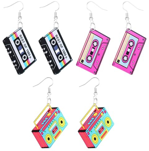 XLIUAX 3 Paare 80er Jahre Outfit Neon Ohrringe, 90er Acryl Retro Ohrringe | Kassettenband Förmigen Ohrringe Cassette Earring für Damen 80er 90er Kostüm Outfits Mottoparty Kostüm Party Zubehör