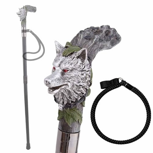 Gehstock Mit Wolfskopf Aus Kunstharz und Handschlaufen, für Senioren – Zusammenklappbarer 3-teiliger Reisestock für Stabilität, Mobilität und Knieunterstützung – 93 cm(Black)