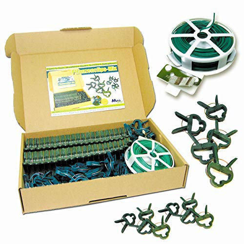 MGS SHOP Pflanzen Clips & - Binder stabile Pflanzenclips Pflanzenklammern für kleine & große Triebe Spaliere Rosenbögen Rankhilfen (100er-Set Mixed + Draht 30m)