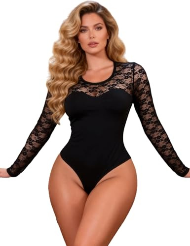 comeondear Body de Encaje Mujer Fiesta Mangas Largas Negro,S