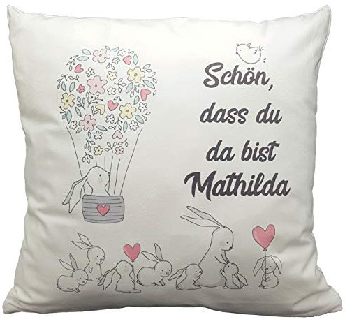 Kilala personalisiertes Namenskissen, zur Geburt oder Taufe, Kinderkissen mit Hasen, Weiß in 40x40cm Personalisiertes Namenskissen Kissen zur Geburt oder Taufe Mädchen Kuschelkissen Babykissen