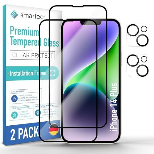 smartect Schutzglas [2 + 2 Stück, Full Screen] kompatibel mit iPhone 14 Plus, Display + Kamera, inkl. Positionierhilfe, HD Schutzfolie Anti-Kratzer, Blasenfrei, 9H Härte, 0.3 mm Ultra-klar