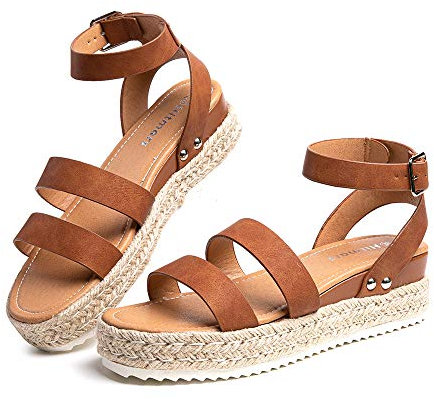 Hitmars Sandale Plateforme Femme d’Ete Espadrille Sandales Compensées Mode Bout Ouvert Faux Cuir avec Sangle Cheville 5 CM marron B taille 39EU