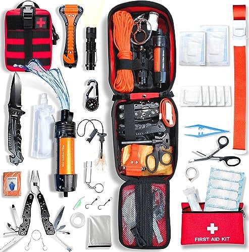 Baytiz ® Survival Kit + Erste Hilfe Set - mit Wasserfilter Strohhalm und Outdoor Ausrüstung - Zubehör Camping Wandern Fahhrad Militär Rucksäcke Verbandskasten Auto Gadget Männer Kinder Armband Tasche