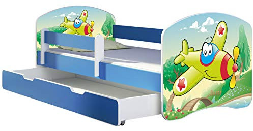 ACMA Kinderbett Jugendbett mit Einer Schublade und Matratze Blau mit Rausfallschutz Lattenrost II 140x70 160x80 180x80 (29 Flugzeug, 180x80 + Bettkasten)