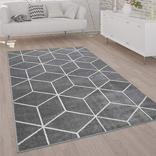 Paco Home Teppich Wohnzimmer Kurzflor Moderner Skandinavischer Stil Rauten Muster Grau Weiß, Grösse:160x220 cm, Farbe:Grau