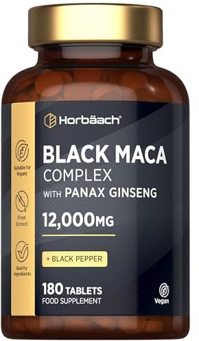 Black Maca Root Capsules 12,000mg - High Strength | Complex with Black Maca, Panax Ginseng, Yellow Maca & Black Pepper - 180 Vegan Tablets - by Horbaach