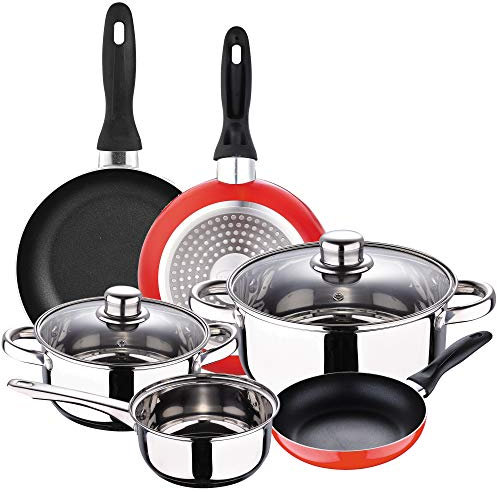 Batterie 5 pièces San Ignacio Cassel et set 3 poêles Ø16/Ø20/Ø24 cm rouge aluminium pressé, antiadhésif, induction