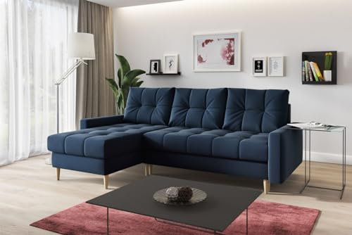 MKS MEBLE Ecksofa L-Form Sofa Mit Schlaffunktion - Marineblau - Wohnlandschaft - Ausklappbar Bettsofa - Wohnzimmer L Couch - Polstersofa mit Bettkasten Scandi