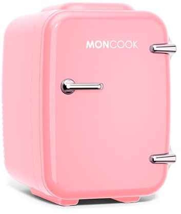 MONCOOK Mini Fridge For Bedrooms - Portable & Quiet Mini Fridges For Skin Care, Beverages - Birthday Gift For Her and Him - Thermoelectric Cooler and Warmer Retro Small Fridge - 4L - Full Pink