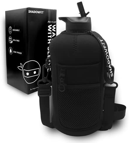 ShadowFit Half Gallon Water Bottles (74 ounce, 2.2 Liter) with Straw Lid Handle and Storage Sleeve - Large Jug Holder with Strap for Drinking during Workout and Exercise, Ninja Black