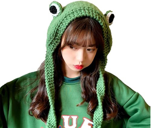 Süßer Froschhut Tier-Stirnband mit 3D-Augen – Grüne Wollstrick-Froggy-Mütze für Teenager Kinder Erwachsene – Bleiben Sie warm und niedlich – für Frauen und Mädchen – Zubehör – Plüsch-Froggie-Kostüm