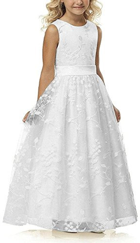 Aibaowedding Chic Lange Kinder Kommunionkleid Sommerkleider aus Besticktem Tüll mit Satin Gürtel/Boho A-Linie Brautjungfern Kleider Blumenmädchenkleider für Mädchen(Weiß,8)