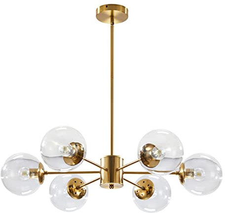 KCO Lighting Moderner 6-flammiger Sputnik-Kronleuchter mit Klarglaskugel, Mitte des Jahrhunderts, verstellbare Decken-Pendelleuchte, goldfarbenes Messing, Unterputzbefestigung