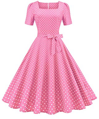 YMING Femmes Manches Courtes Audrey Hepburn Robe Wave Dot 50 's Robe Tea Party Robe Vintage Rose S