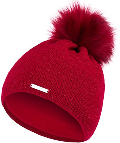 Compagno Mütze Damen Winter Bommelmütze Wintermütze Strickmütze Metallic-Garn Fleece Futter Beanie Mädchen 95, Farbe:Rot