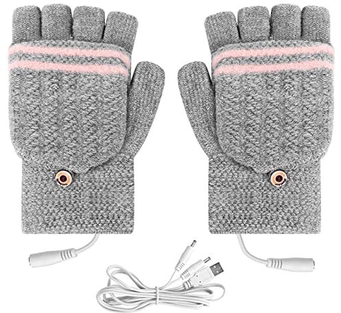 Flintronic USB Beheizte Handschuhe, Waschbares Heizung Stricken, Winter-Heiz, Volle und Halbe Hände, Warme Laptophandschuhe für Damen & Herren, Indoor und Outdoor, Grau