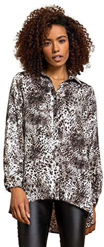 Roman Originals Shirt for Women Ladies Cotton Blouse Button Through Tunic Printed Top Work Long Sleeve Smart Casual Going Out Work Office V Neck Everyday Evening Event - Brown - Size 8