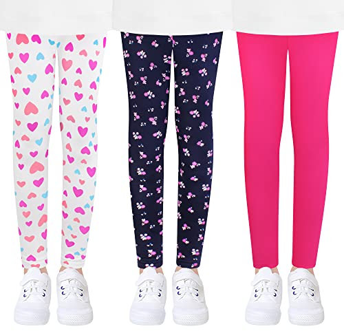 L&K-II 3er Pack Leggings per Bambini Ragazze Pantaloni da Ballo Leggings per Bambini Pantaloni da Ginnastica in Cotone Cuore Rosa Fiore 4539-B-122/128