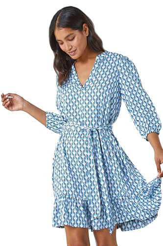 Roman Originals Geometric Print Frill Hem Dress for Women UK - Ladies Everyday Holiday Spring Summer V Neckline Comfy Soft Evening Vacation Work Party - Blue - Size 20