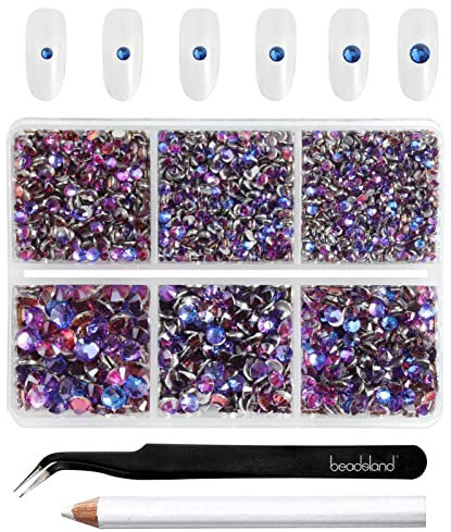 Beadsland 4300pcs Flatback Rhinestones,Purple Rhinestones Nail Gems Round Crystal Rhinestones for Crafts,Mixed 6 Sizes with Picking Tweezers and Wax Pencil Kit, SS6-SS20,Purple Velvet