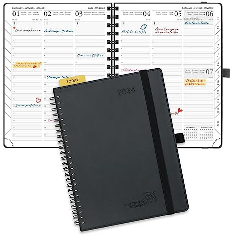 POPRUN Kalender 2024 Wochenplaner 22 x 16,5 cm, 12-Monate-Terminplaner Ringbuch (Jan.2024-Dez.2024), Planer 1 Woche 2 Seite mit Softcover, 100 GSM Zertifiziertem Papier - Schwarz