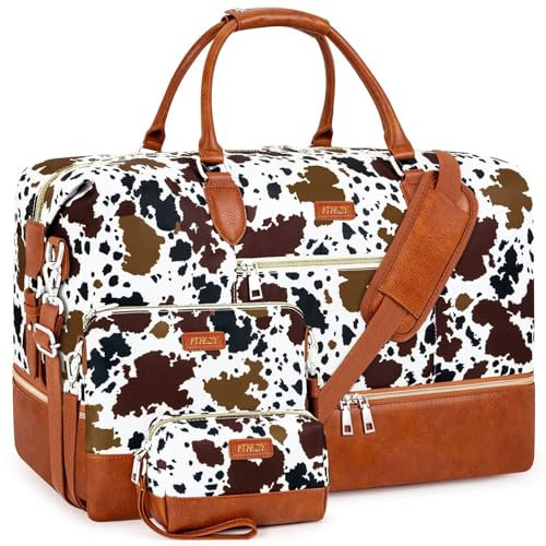 Weekender Bag für Damen, Reisetasche, Handgepäck, Übernachtungstasche, mit Schuhfach, groß, Nylon, Reise-Wochenend-Tragetasche, 5-braune Kuh, L, Weekender Bag für Damen, Reisetasche, Handgepäck,