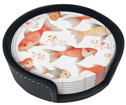 Lot de 6 sous-verres en cuir avec support en forme de poisson rouge - Résistants à la chaleur - Pour bar, cuisine, bureau, décoration de la maison