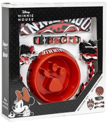 CERDÁ LIFE'S LITTLE MOMENTS Minnie Mouse Welcome Gift Set for Dogs - Pink - Minnie Design - Size 28 x 30 x 6.8 cm - Feeder, Bandana, Ropes and Collar - Original Product Designed in Spain