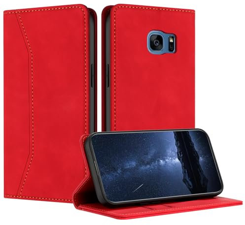 Mo-Beauty Hülle Kompatibel mit Samsung Galaxy S7, Handyhülle Samsung S7, Galaxy S7 Hülle, PU Leder Flip Wallet Klappbare Schutzhülle Magnet Ledertasche Klapphülle für Samsung Galaxy S7(Rot)