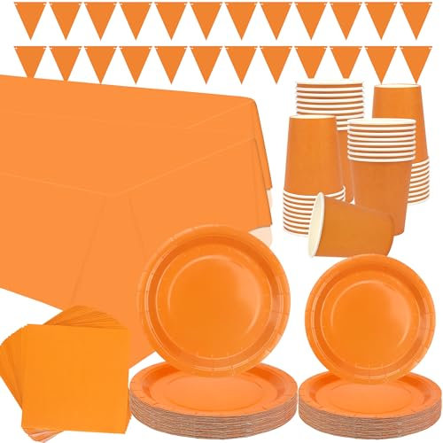 Orange Party Tableware Supplies - Serves 40, Orange Pastel Party Decoration Dinnerware includes Plates, Cups, Napkins, Banner, Tablecloth for Graduation Wedding Birthday Party (Orange + 40set)