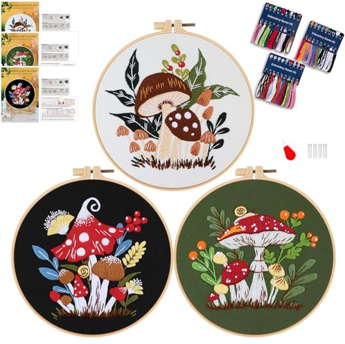 Smart-Feather 3 Sets Mushroom Embroidery kit for Beginners, Hand Embroidery Kits for Adults with Hoop, DIY Art Project Craft Kit (Mushroom)