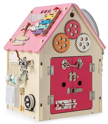 GOPLUS Kinder Spielhaus aus Holz, pädagogisches Kinderspielhaus mit 33 Komponenten, Montessori Spielzeug mit Stauraum für Kinder ab 3 Jahren, für Lebenskompetenzen und feinmotorisches Lernen (Rosa)