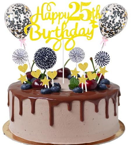 Happy 25th Birthday Tortendeko 25 jahre mann frauen Kuchendeko 25. Geburtstag Gold Schwarz Tortendeko 25. Geburtstag mann Tortendeko Gold Mit Herz Stern Ballon Glitter Cake Topper für 25 Geburtstag