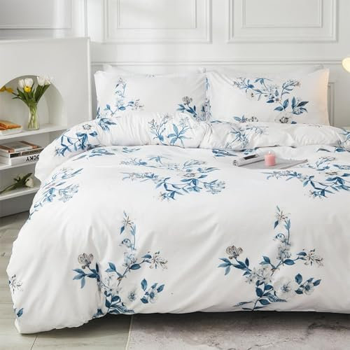 Freyamy Housse de Couette Fleurie 220x240+2 Taie d'oreiller 65x65cm Blanc Bleu Feuilles Floral Parure de lit 2 Personnes Adulte Fleurs Sets de Housse Couette en Microfibre avec Fermeture Éclair