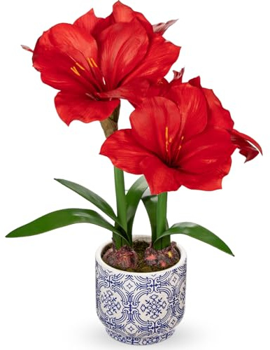 Arborus Red Amaryllis Artificial Flowers in Blue Ceramic Pot 18 Faux Silk Amaryllis Plant Fake Flower Arrangement with Decorative Bulbs Moss for Home Office Bathroom Table Holiday Décor