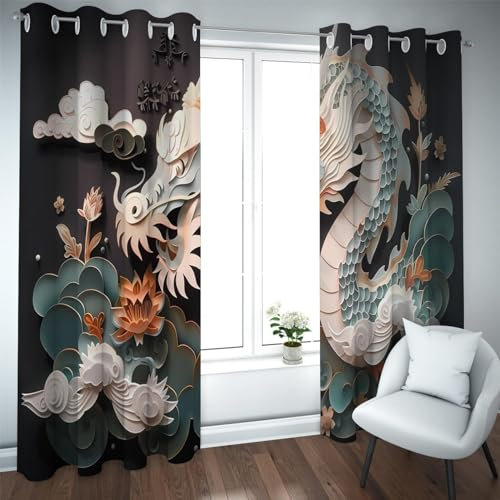 CHERHERART Rideaux de fenêtre occultants de Style Japonais Dragon Totem Oeillets Rideaux Traitements de fenêtre bloquant la lumière pour la Porte coulissante Living Ensemble de 2 Panneaux B107xH213
