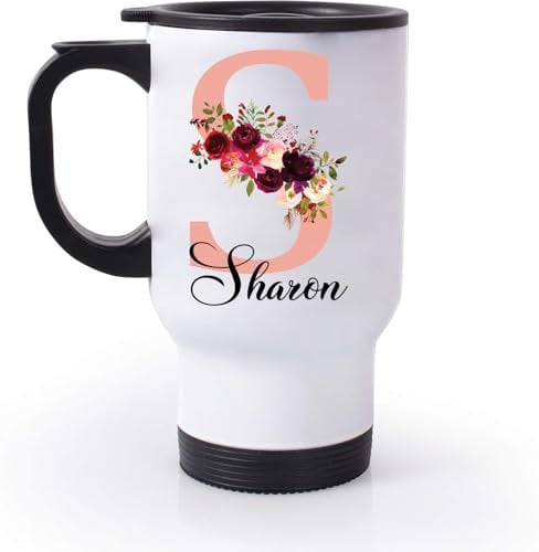 EKAM Personalised Travel Mug - Customise with Initial and Name, 14oz Stainless Steel Insulated Travel Tea/Coffee Mug, Gift for Valentine’s Day, Birthday, Christmas Day for Mom, Dad, Kids (Rose Gold)