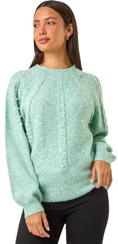 Roman Originals Pearl Embellished Cable Knit Jumper for Women UK - Ladies Everyday Autumn Winter Round Neckline Comfy Soft Evening Vacation Work Party Night Out - Steel Blue - Size 20