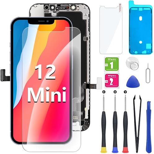 Hoonyer Für iPhone 12 mini Display Ersatzbildschirm LCD Touchscreen Display Vorinstallierte Frontkamera Näherungssensor Reparatur Kit Komplette Ersatzbildschirm mit Werkzeug (Schwarz) (12 mini)