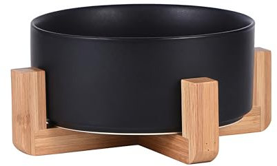 Ceramic Dog and Cat Bowl with Wood Stand, Food and Water Bowl Set for Small Cats and Large Dogs, Set for 850ml Non-Slip and No Spill Pet Bowls (Black)
