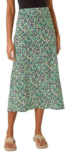 Roman Originals Jersey Skirt for Women UK - Ladies Midi Maxi Floral Animal Print Autumn Winter Swing Smart Casual Office Cocktail Party Going Out Evening Holiday Cruise - Floral Green - Size 18