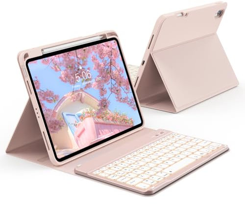 KVTVOU Keyboard Case for iPad 11th Generation A16 2025 / iPad 10th Generation 2022 10.9 Inch, Protective Case with Pencil Holder, 7 Colors Backlit Buletooth Keyboard QWERTY UK Layout, Pink