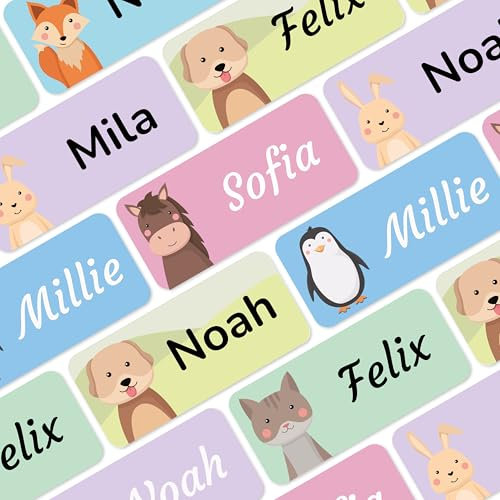Namensaufkleber für Kinder (60 Stück) - Wasserfeste Namensschilder für Kleidung und Gegenstände, Personalisierte Textiletiketten selbstklebend für Kita & Schule - Tiere