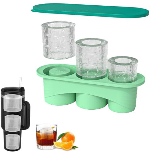 Toyone Stanley Cup Ice Cube Tray - Silicone Ice Cube Tray with Lid, 3-Compartment Ice Cube Tray for 40 oz Tumblers, Whisky, Cocktails & More (Green)