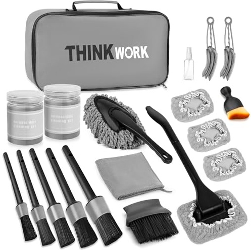 THINKWORK 20Pcs Car Interior Cleaning Kit with Detailing Brushes | Car Window Cleaner Tool, 180° Rotating Head, Replaceable Microfiber Pads, Storage Bag, Cleaning Accessories for Car Interior